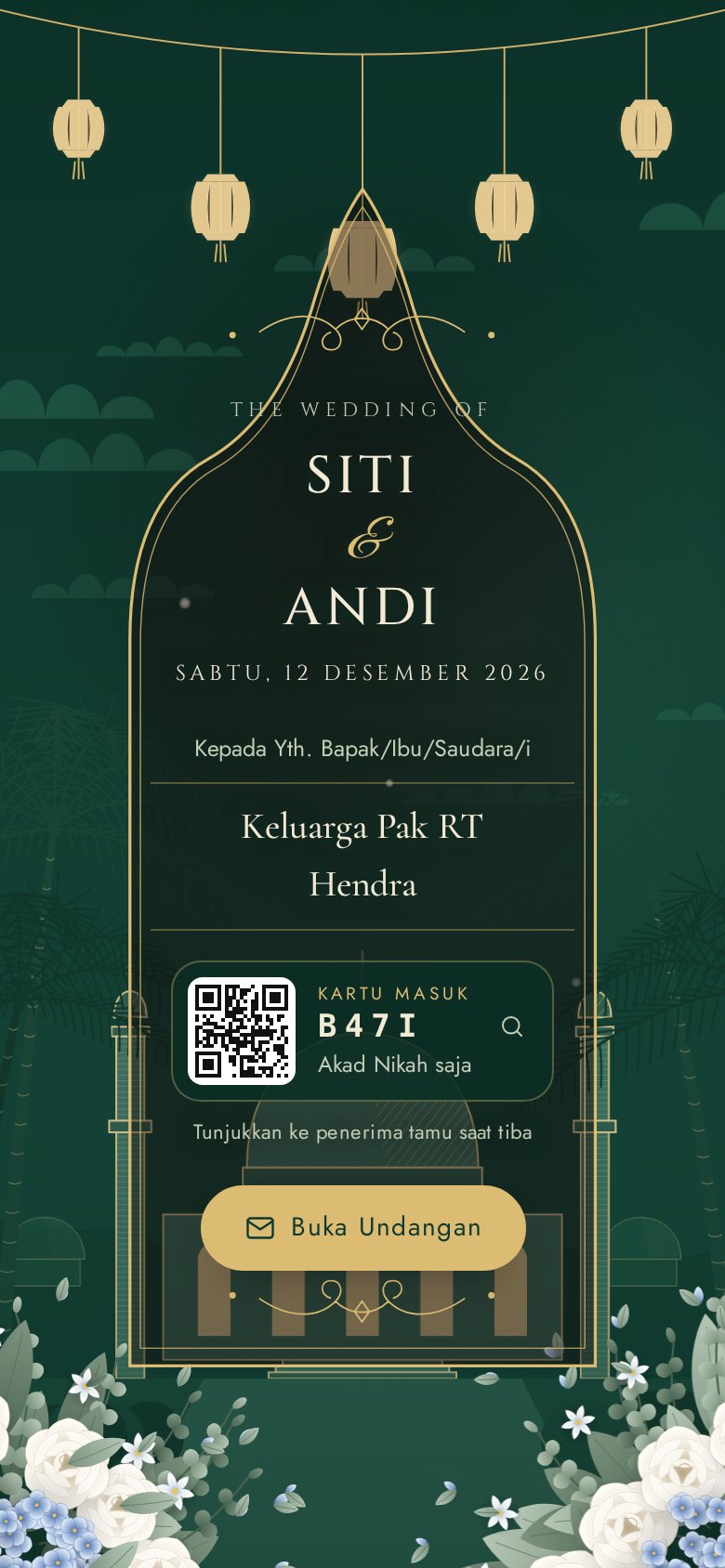 Sampul undangan dengan nama tamu dan kartu masuk QR