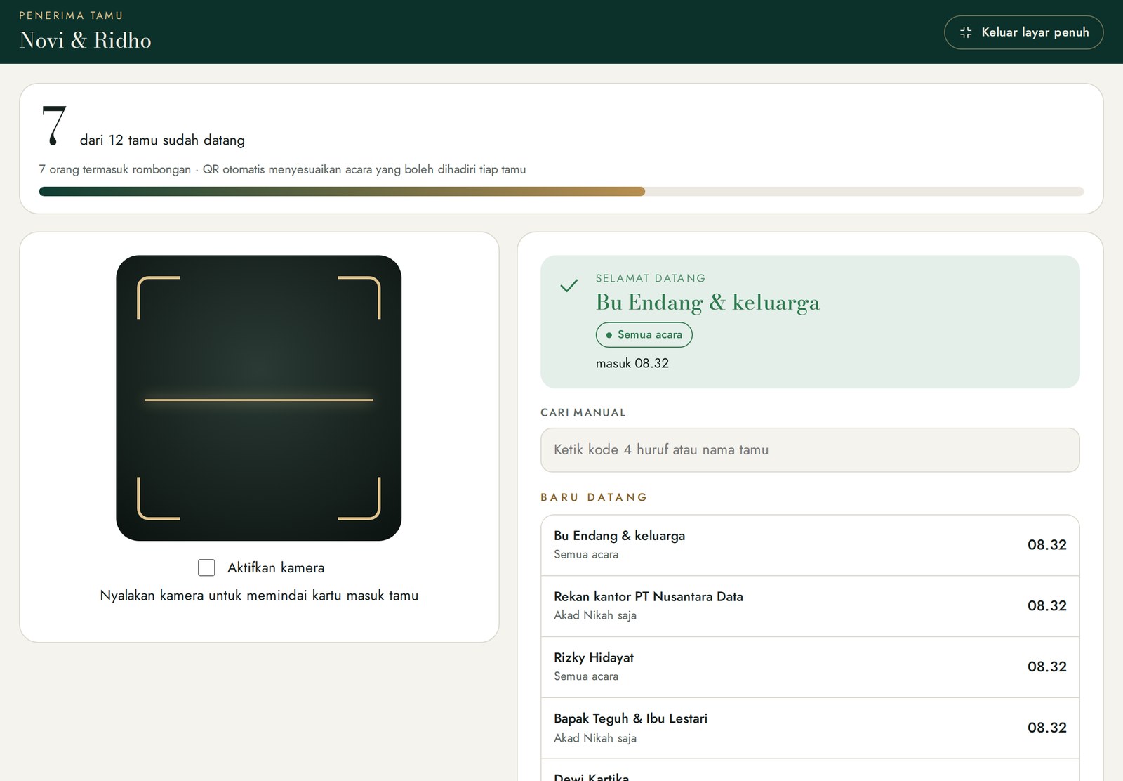 Tablet dalam mode penerima tamu dengan daftar tamu yang baru datang